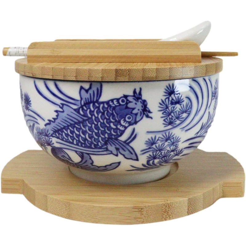 Ensemble de baguettes Koi Fish 28Oz Donburi Ramen avec couvercle et cuillère