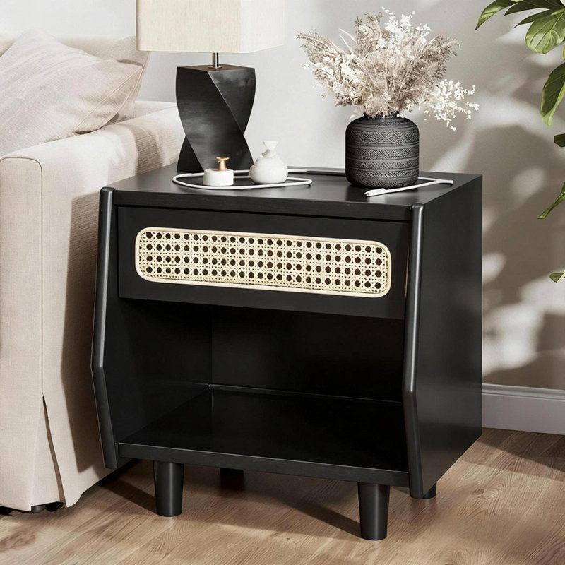 Table de chevet avec détails en rotin, Noir