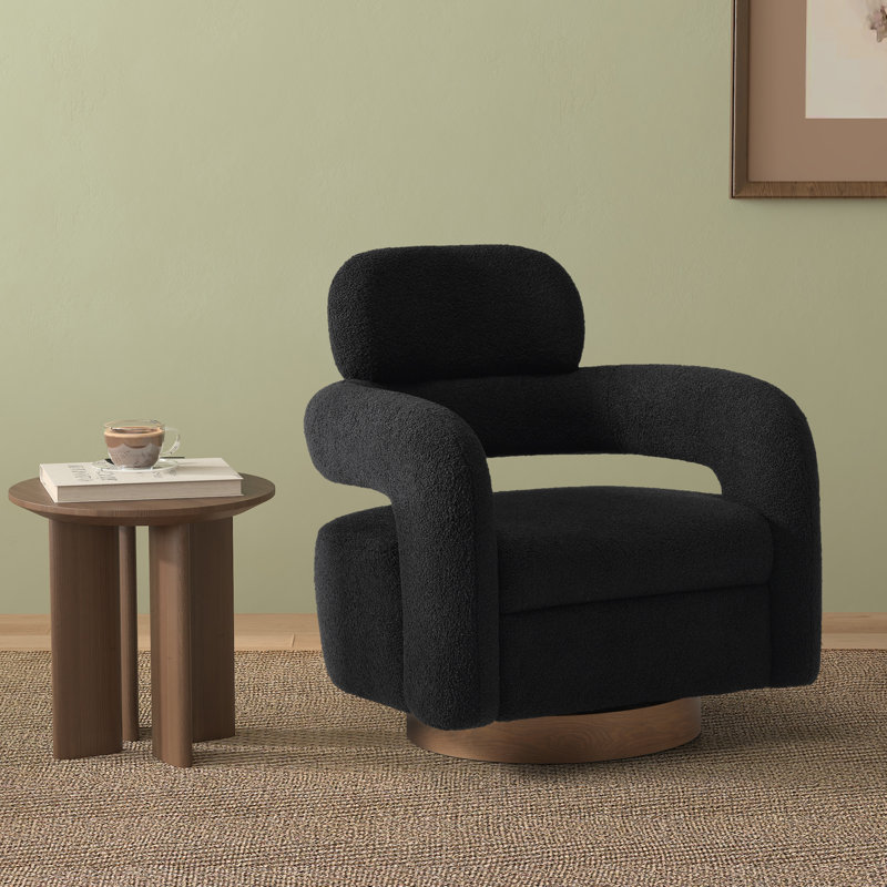 Bayville 29" Wide Sherpa Swivel Chair, Black Polyester