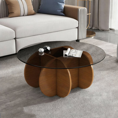 Table basse moderne de style moderne Mid-Century avec plateau en verre trempé et bois, noyer