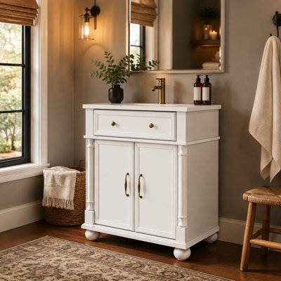 Lavabo de salle de bain sur pied blanc de 71 cm (27,94 po), style milieu du siècle avec base à colonnes romaines