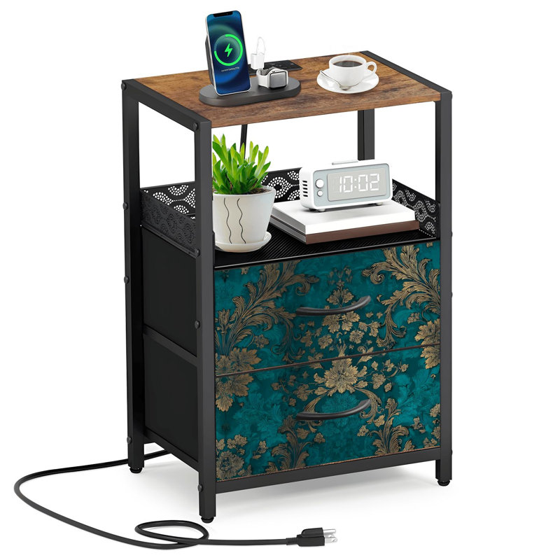 Table de chevet avec 2 tiroirs en tissu et station de charge