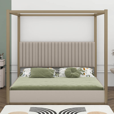 King Size Upholstery Canopy Platform Bed With Headboard And Metal Frame