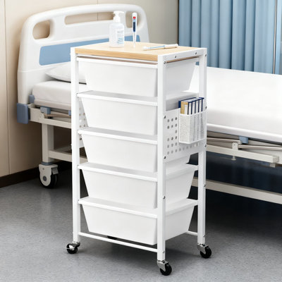 5-Drawer Rolling Storage Cart With Wooden Tabletop & Pegboards, Mobile Metal Utility Organizer With Wheels For Office, Living Room, Classroom And Craft Organization