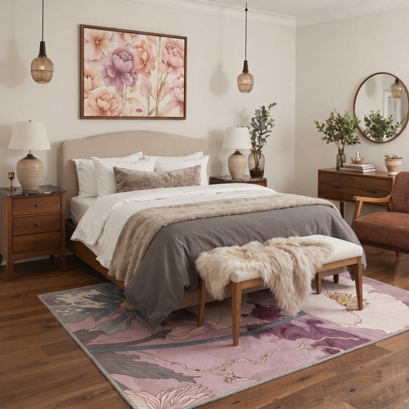 Tapis intérieur blanc / mauve lavable à la machine avec envers antidérapant Asteria Boho, Rectangle 84 po x 60 po