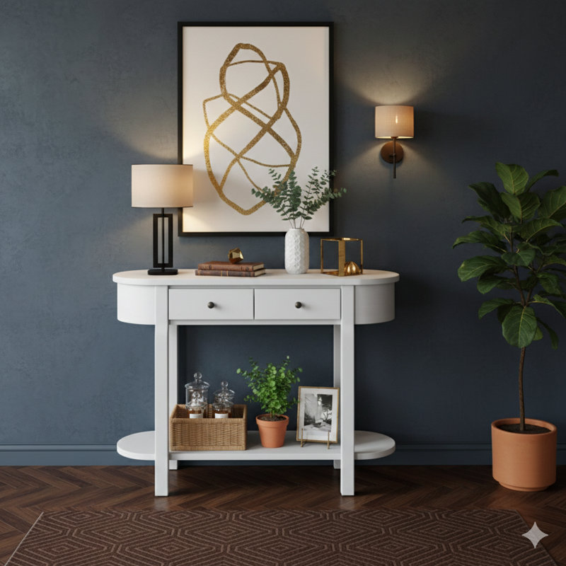 Console sophistiquée rétro avec une silhouette incurvée et une finition émaillée lisse pour les entrées, les salons et les couloirs (blanc antique)
