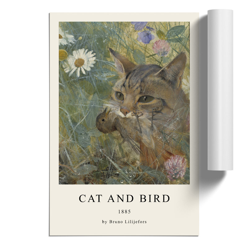 A Cat With A Bird In Its Mouth by Bruno Liljefors - No Frame Painting, 42cm H x 30cm W x 0.1cm D