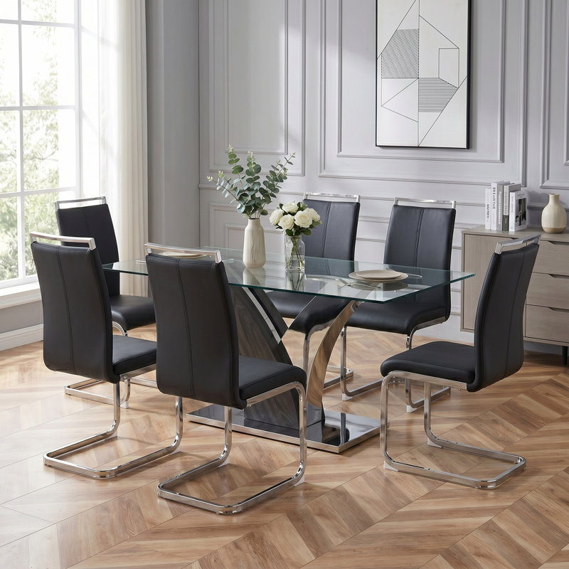 Modern 7-Piece Dining Set with Faux Leather Chairs and Rectangle Tempered Glass Table, Black