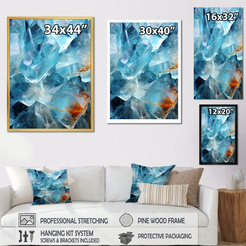 Éclat de quartz bleu - salon d'art mural en pierre spirituelle, Cadre flottant doré, H 40 po x l 30 po
