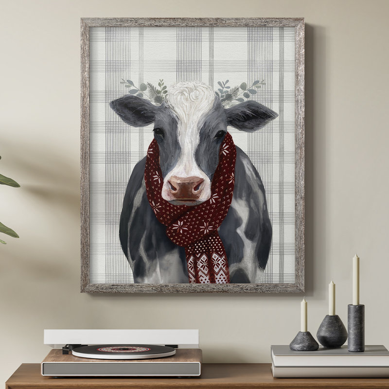 Yuletide Cow II, reproduction encadrée - bois massif, H 21 po x l 17 po