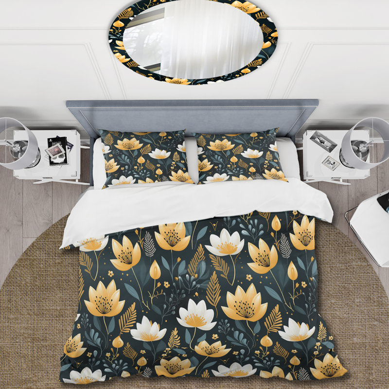 Meadow Black And Yellow Floral Pattern - Ensemble de housse de couette à motif floral