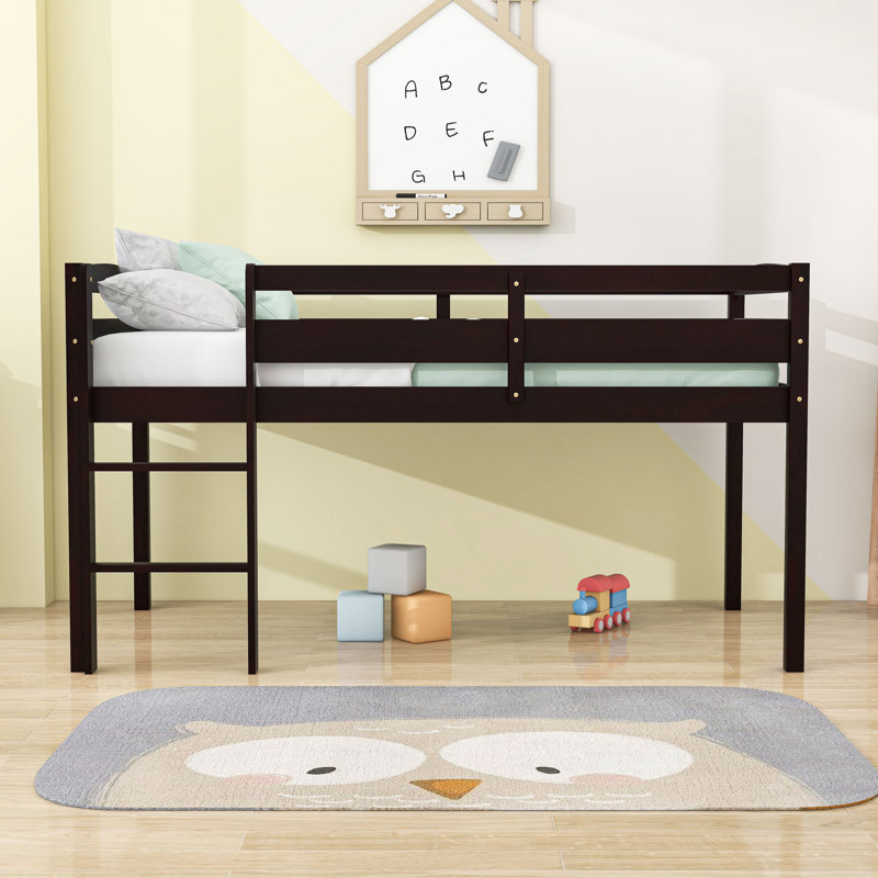Twin Wooden Low Loft Bed With Ladder And Saftey Guardrails, Espresso