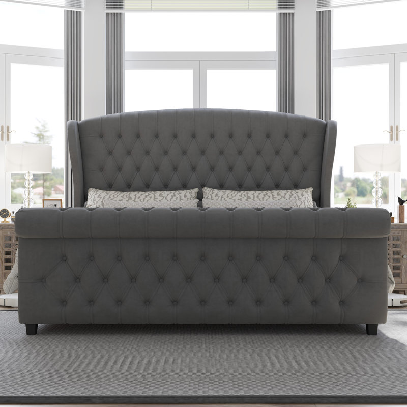 Lit-bateau tapissier Dulane, gris, Grand