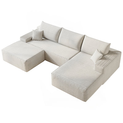 Canapé modulaire 107 pouces avec repose-pieds Cloud, canapé rembourré minimaliste moderne, canapé en U confortable pour le salon, canapé d'angle à siège profond, aucun assemblage requis, velours côtelé moelleux, blanc