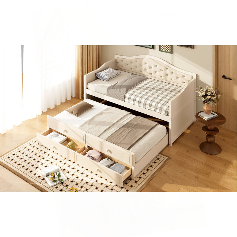Twin Daybed With Trundle, Twin Size Daybed With 2 Storage Drawers, Wooden Sofa Bed With Upholstered Button Tufted Backrest For Living Room, Bedroom, Guest Room