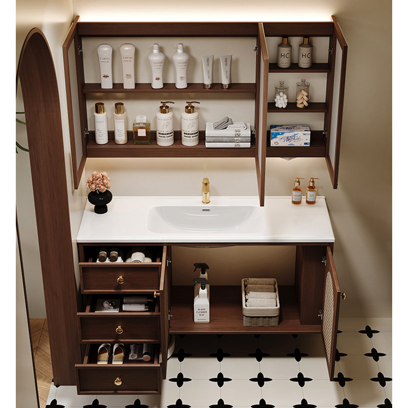 Meuble-lavabo en bois d'hévéa français avec lavabo en céramique