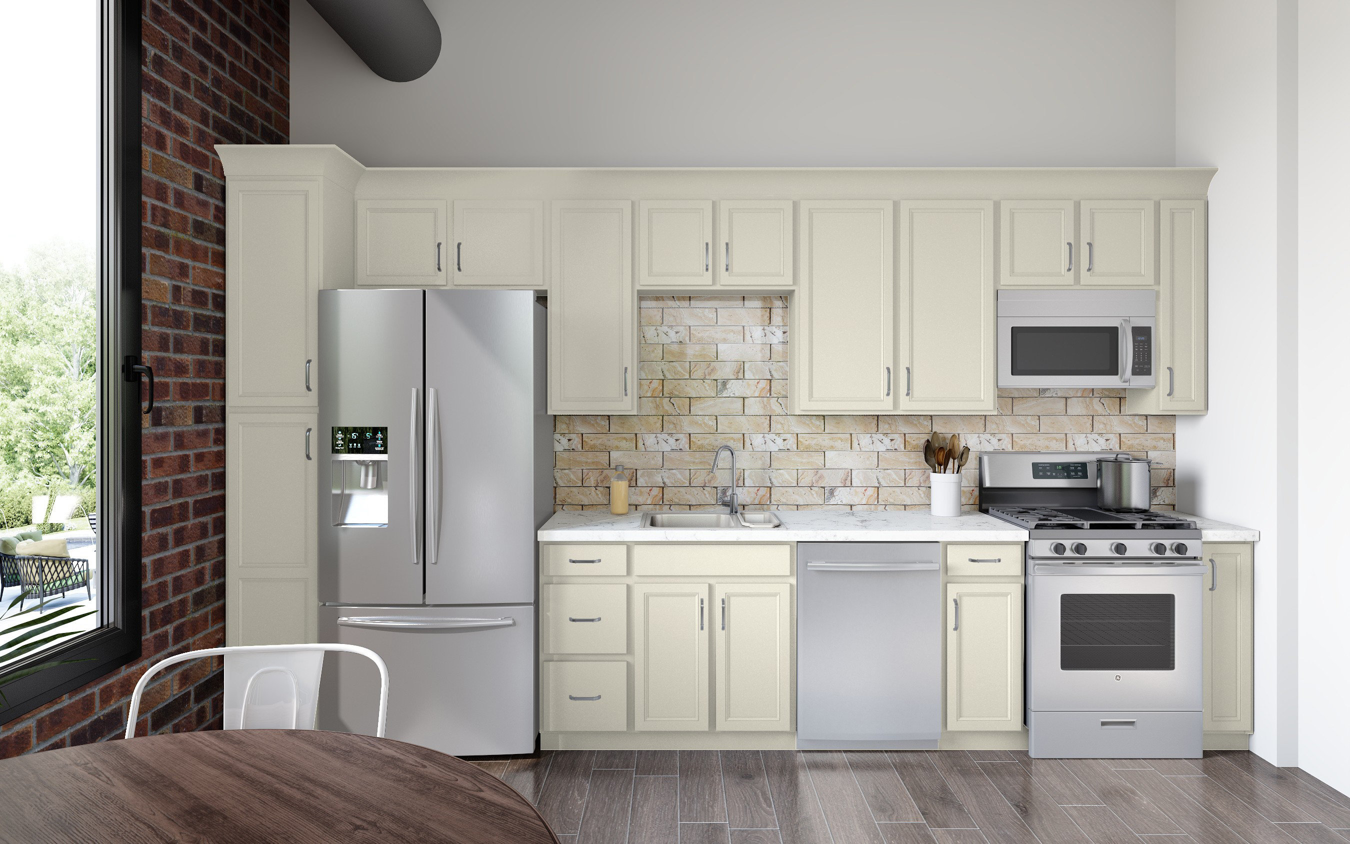 White Appliances Next to Cream Kitchen Cabinets - Soul & Lane