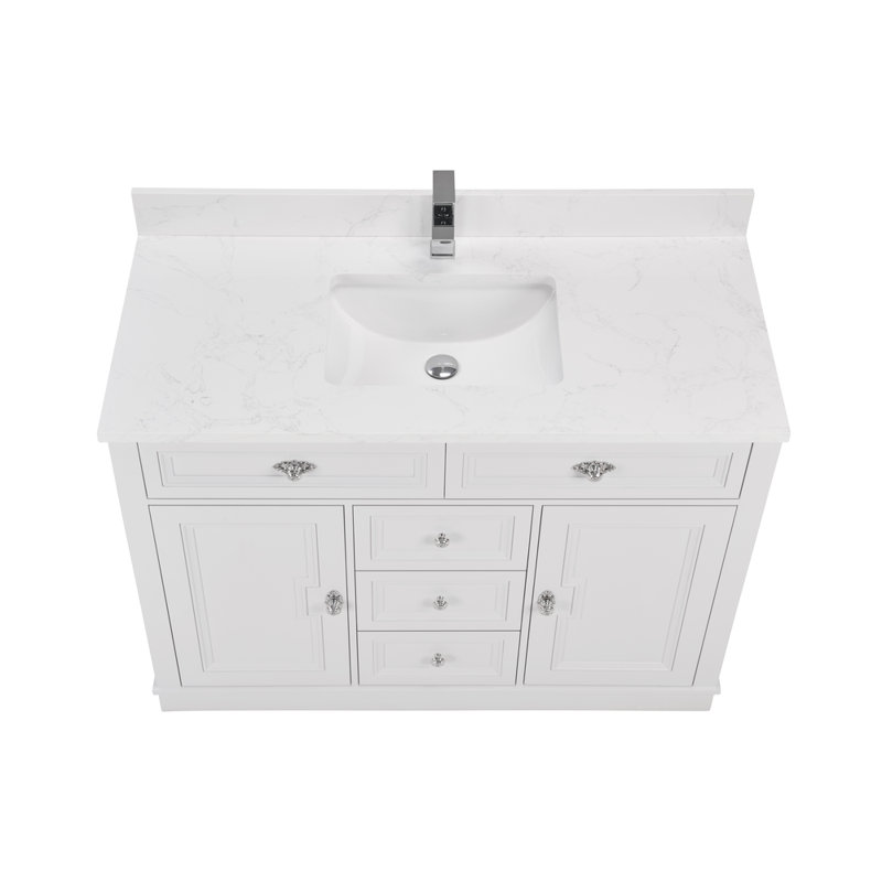 48" Solid Wood Sink Vanity  With 1' Artificial Stone Top, Polished Chrome, White