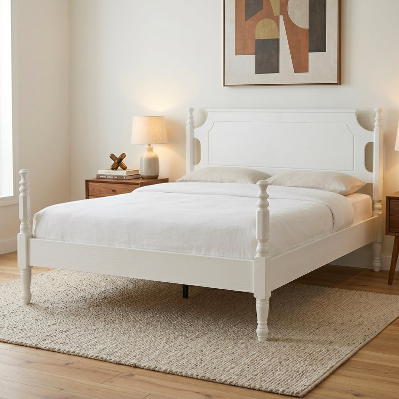 Cadre grand lit avec tête et pied de lit, aucun sommier requis, 12 lattes en bois massif, pieds en métal au centre, anti-bruit et antidérapant, assemblage simple, rangement sous le lit, finition blanc pur