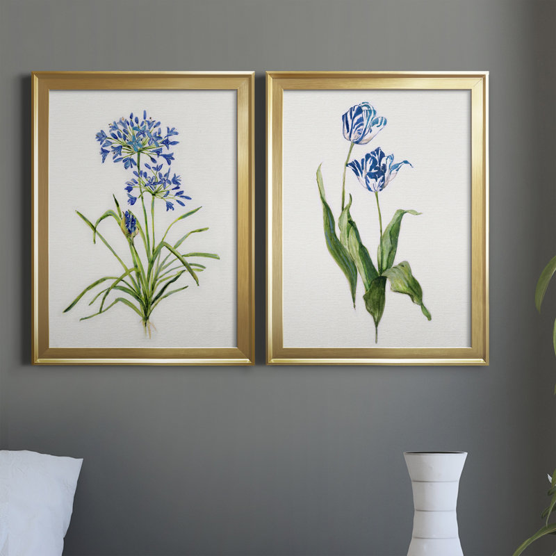 «Blue Lived Botanical I», ensemble de 2 reproductions d'art sur toile encadrées, H 18,5 po x l 49 po x P 1,5 po, Or
