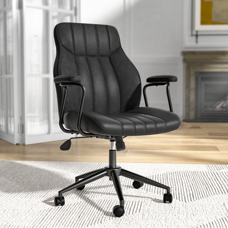Crowley Mid Century Modern Office Chair, Vintage Leather Desk Chair With Wheels and Arms, Home Office Task Chair, Black