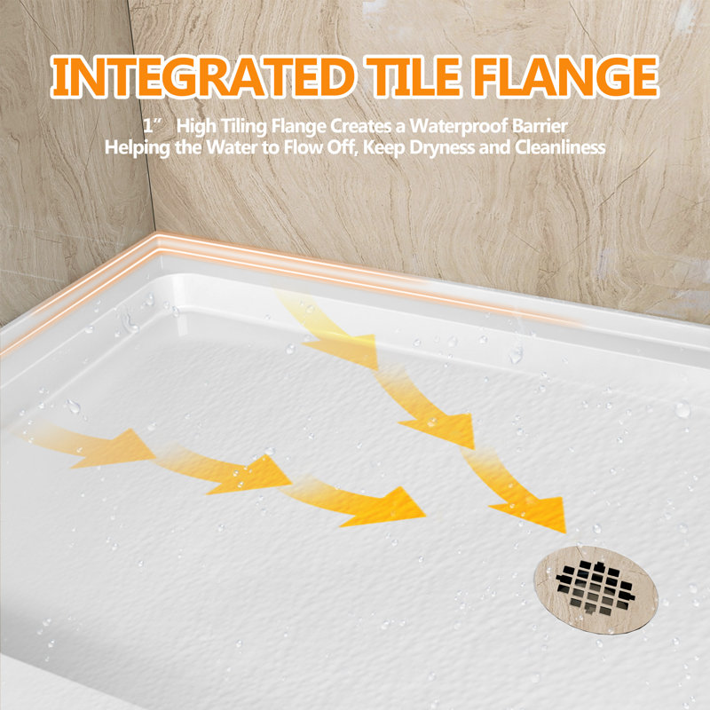 32 In. D X 60 In. W X 5 1/2 In. H Drain Single Threshold Shower Base, Center