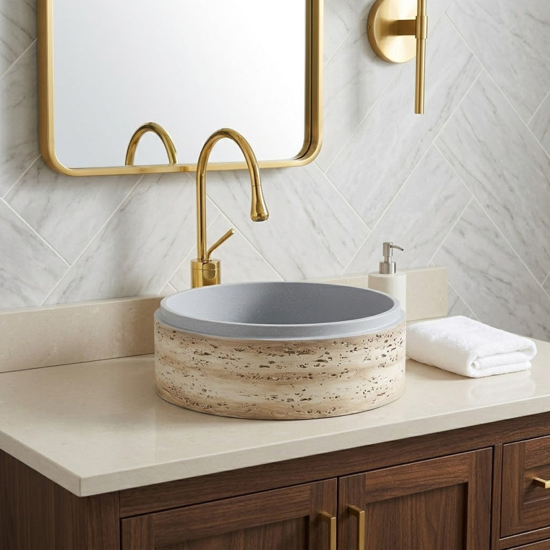 Lavabo de salle de bain vasque 16 "à surface solide ronde en gris mat avec extérieur texturé d'aspect travertin