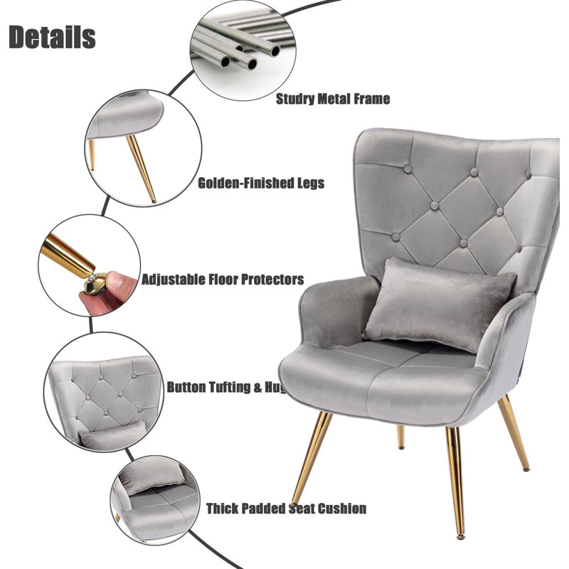 Gray Velvet High-Back Armchair with Golden Metal Legs