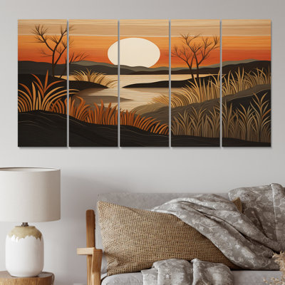 «Landscape Tranquility Full Moon Golden Fields III», art mural sur toile prairie - 5 panneaux égaux