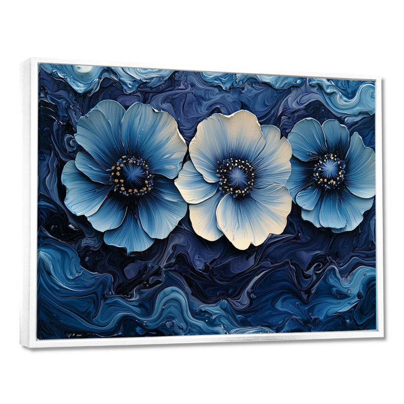 «Aqua Blue Poppies Dreamscape At Night I», art mural coquelicots, Cadre flottant blanc, H 24 po x l 32 po