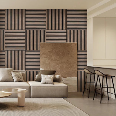 23.6" x 23.6" Genuine Wood Veneer Acoustic DIY Wall Panels 3D Slat Decorative Soundproof(Set of 4)