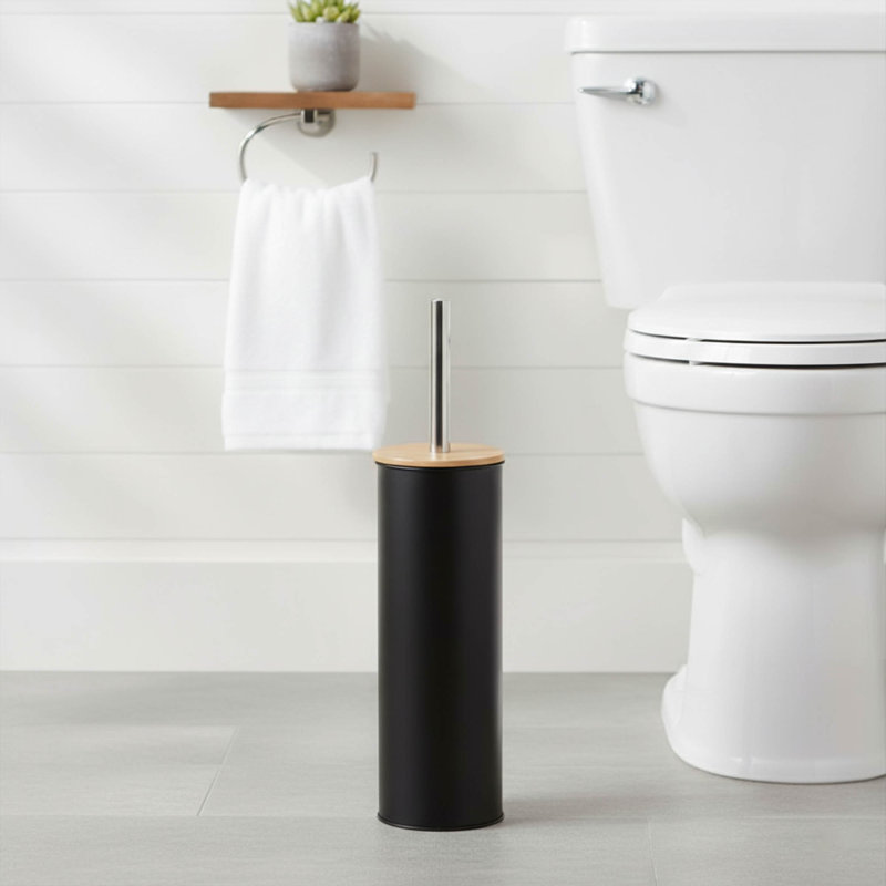 Metal Toilet Brush and Holder Set With Bamboo Lid, Black