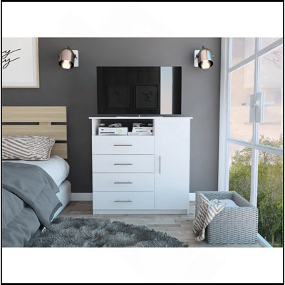 Peru 4 Drawer Dresser, Single Door Cabinet, One Open Shelf, Superior Top -White