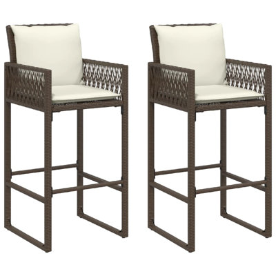 vidaXL Patio Bar Stools with White Cushions, Set of 2, Brown Weather-Resistant Poly Rattan with Steel Frame, Outdoor Furniture with Armrests and Backr