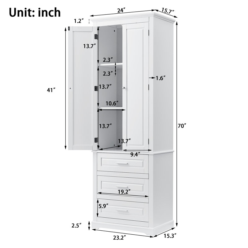 70" Tall Freestanding Bathroom Storage Cabinet With 3 Drawer, 2 Cabinets, Adjustable Shelves, Soft-Close Doors & Open Display Shelf