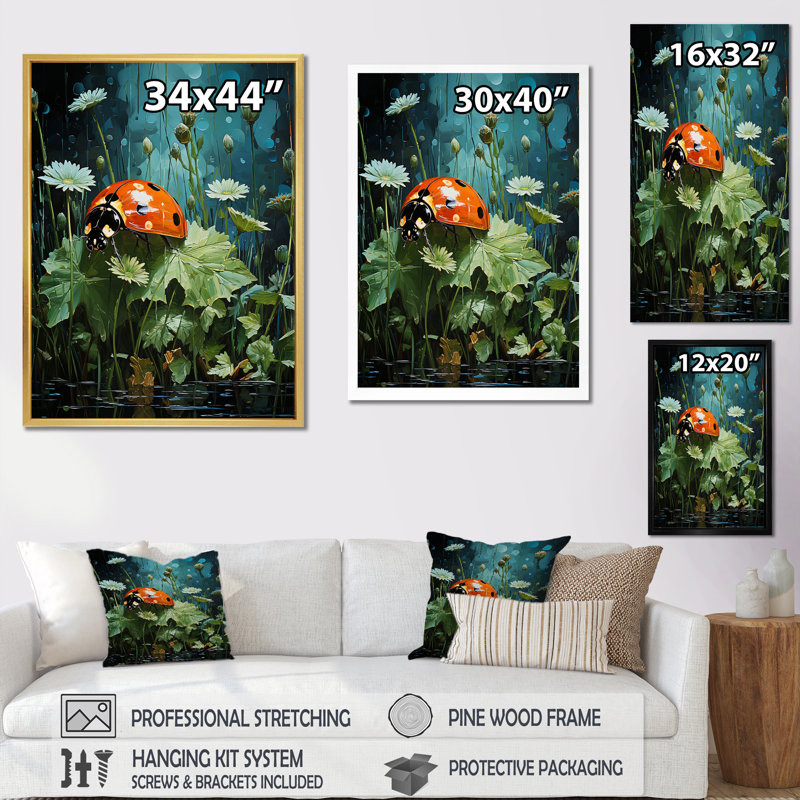 Coccinelle fleurissant jardin émeraude sur toile, Cadre photo argenté, H 32 po x l 16 po x P 1 po