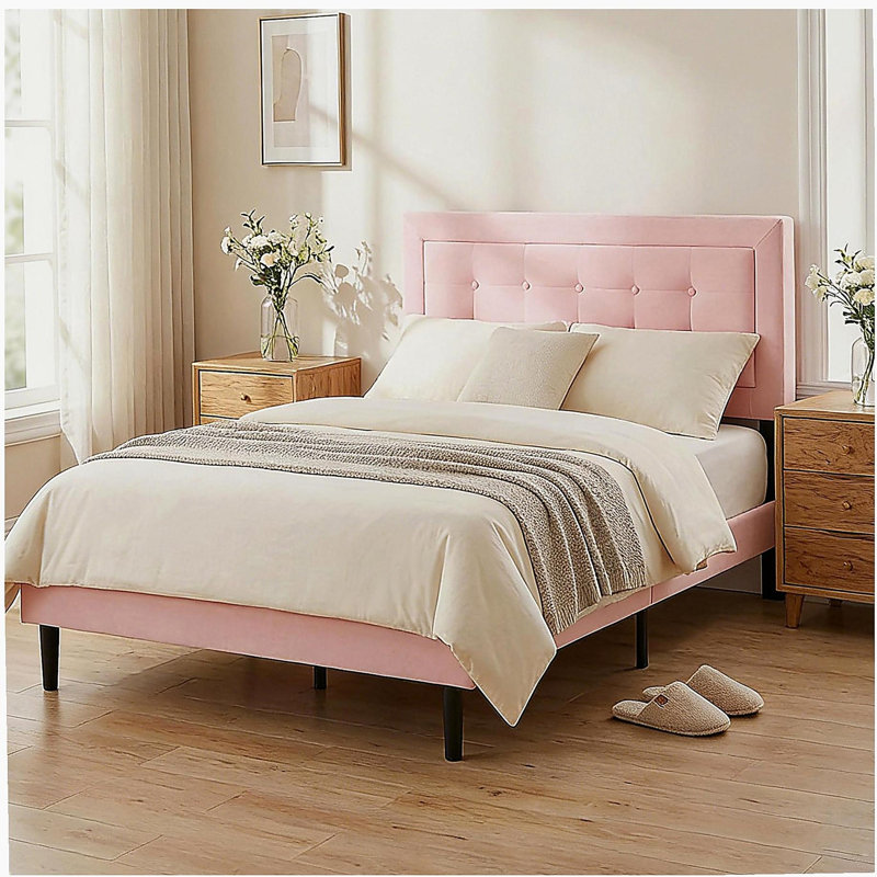 Structure de lit double tapissier pleine grandeur avec support en lattes de bois, rose