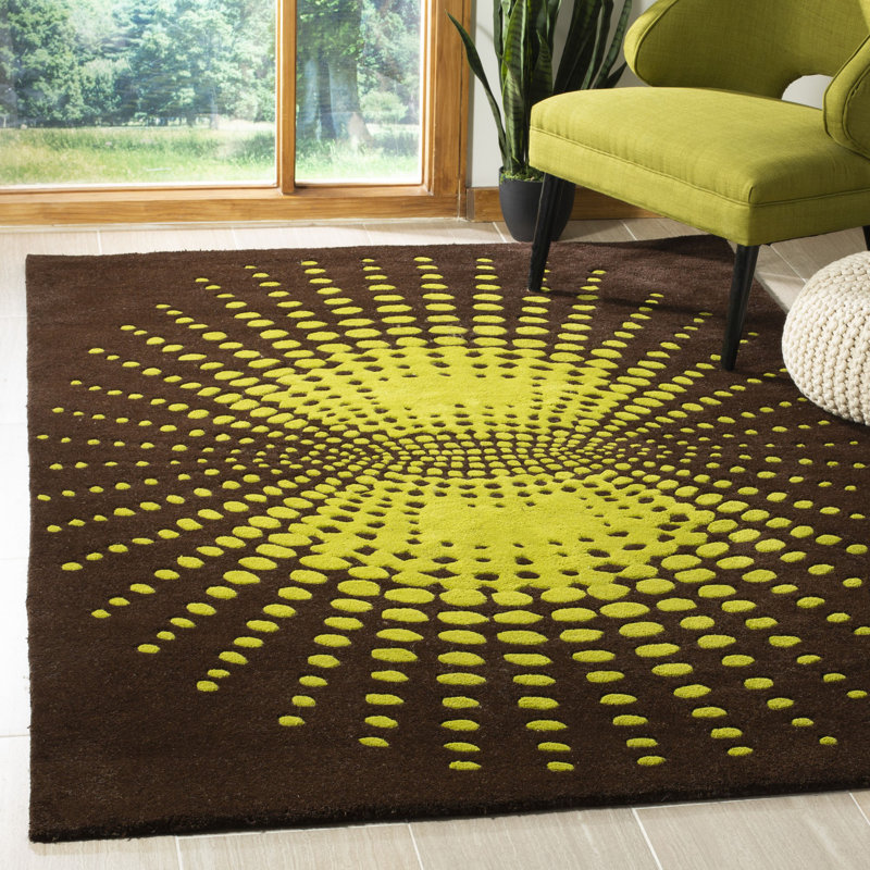 Tapis à pois brun / vert touffeté et fabriqué à la main Amier, Rectangle de 5 pi x 8 pi