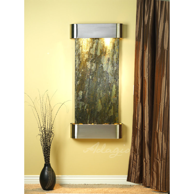 Cascade Springs Natural Stone Fountain with Light, Stainless Steel, Green Slate, Rounded