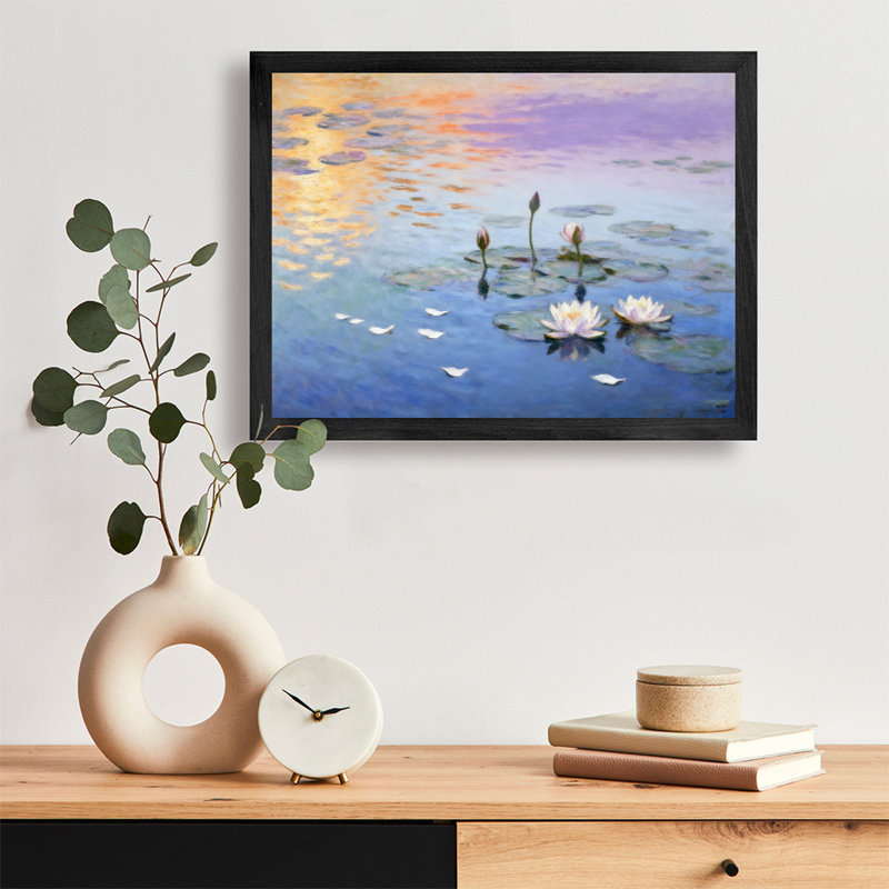 Reproduction d'art encadrée noire de fleurs de glycine rétro reflétée sur l'eau, H 11 po x l 9 po