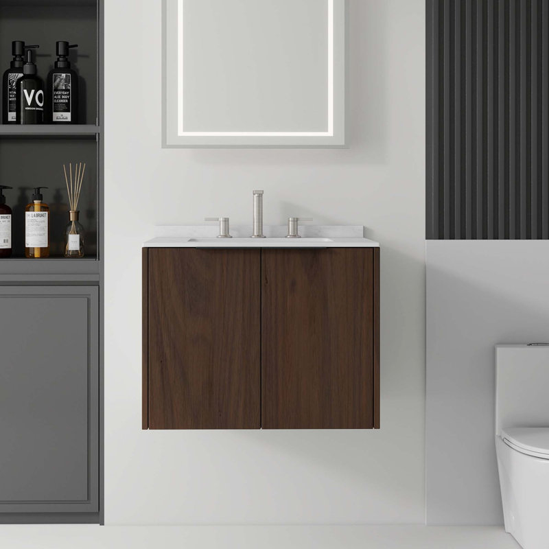Meuble-lavabo moderne flottant avec comptoir en marbre de culture et portes à fermeture douce, Brun