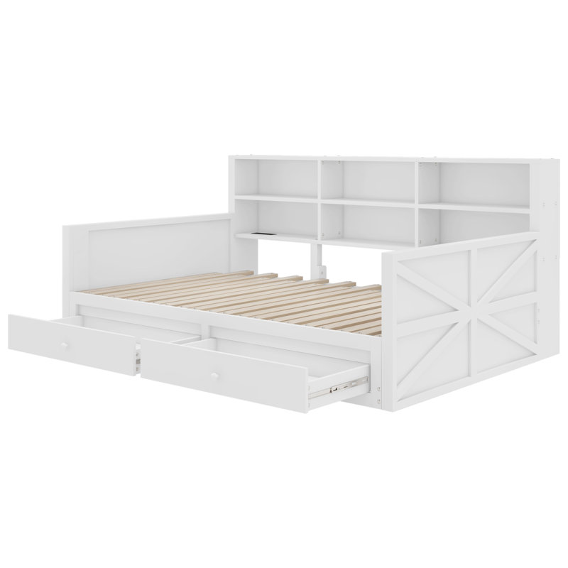 Extendable Daybed, Twin to Double Twin Daybed with Storage Headboard, Twin Daybed with Charging Station and Light, White