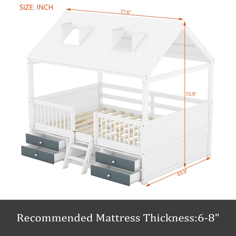 Wood Bed House Bed Frame, Full, White