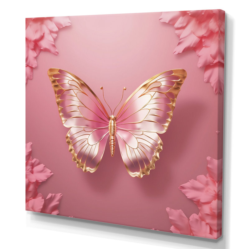 Papillon rose et or II - art mural papillon pour le salon, H 36 po x l 36 po x P 1,5 po, Toile tendue