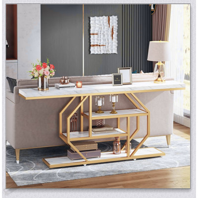 70.9 Inch Extra Long Console Table With Modern Gold Frame, Faux Marble Top, And 4-Tier Storage For Elegant Home Decor
