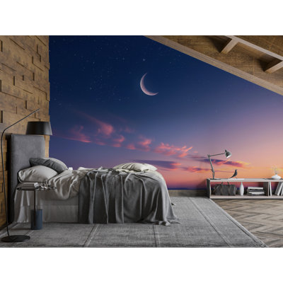 Murale Crescent Moon - Papier peint ciel étoilé et coucher de soleil, décoration murale céleste pour chambre à coucher, chambre de bébé ou chambre de méditation Vn1080 (Peel-N-Stick)