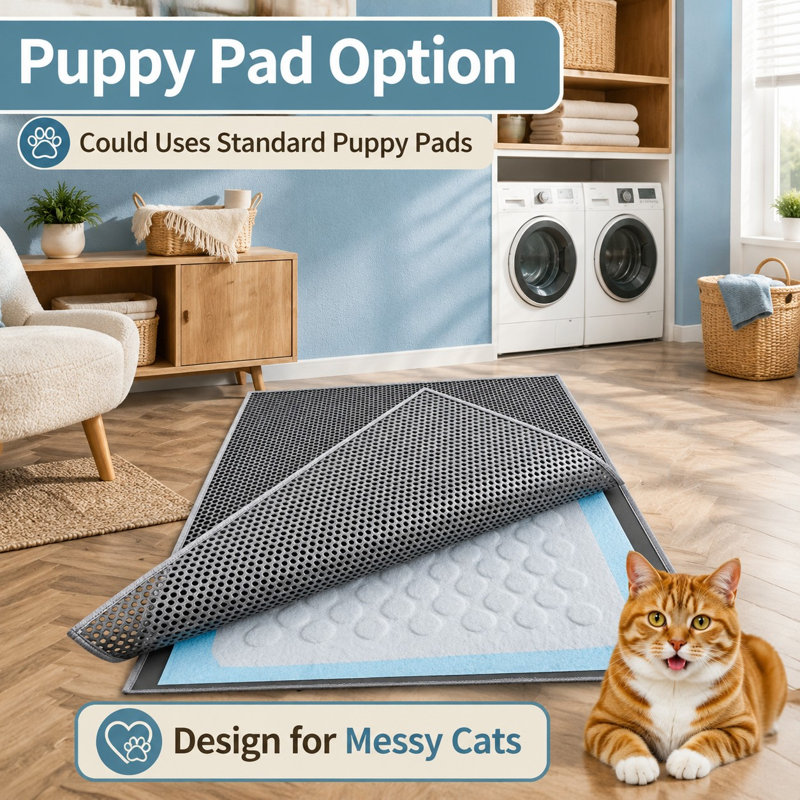 Designed for large litter boxes, this 36 x 30 in gray double-layer mat is waterproof and urine-proof with scatter control, a non-slip build, durable construction, easy cleaning, a paw-friendly surface, and a safe, odorless design.