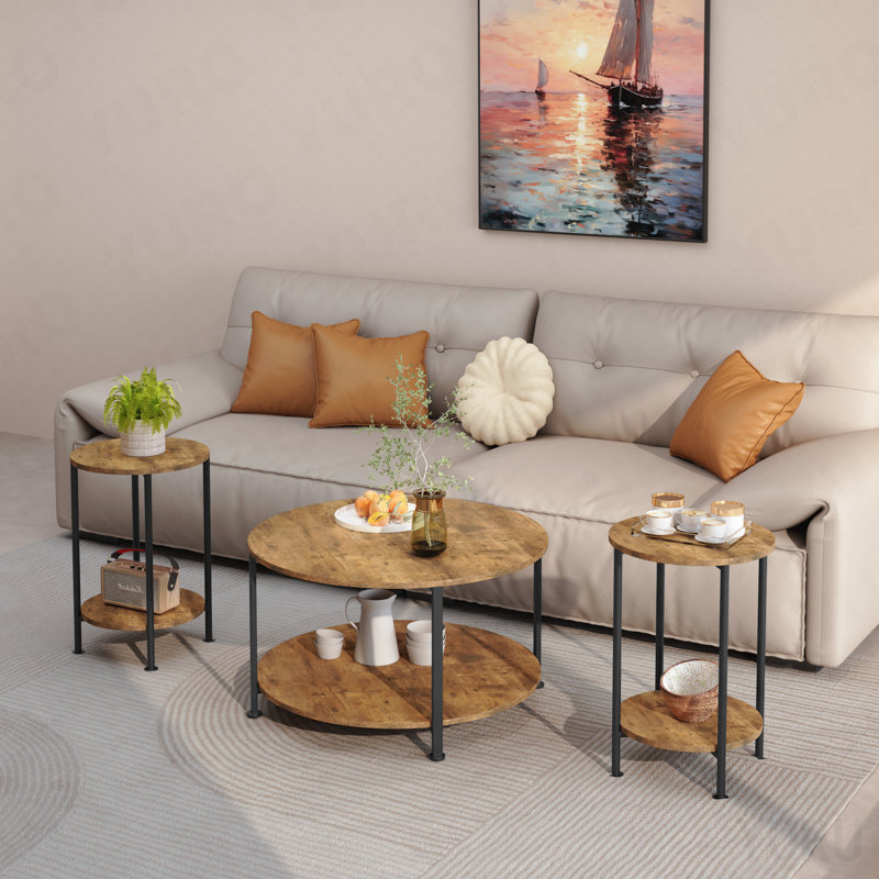 Ensemble de 3 tables basses et tables de bout - grand rangement - brun rustique