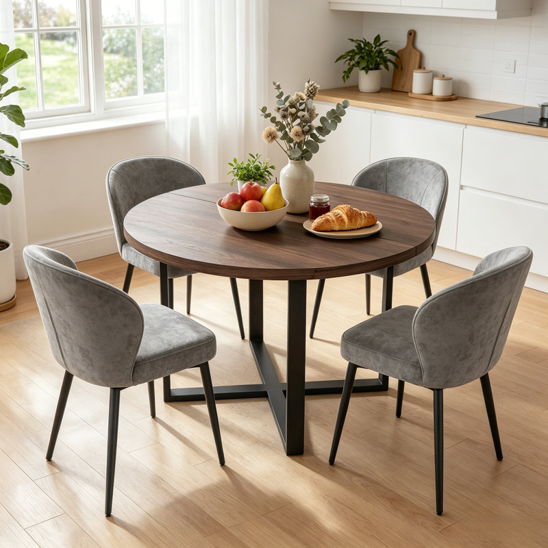 43.3" Round Extendable Dining Table Set For 4, Mid-century Modern Walnut Finish Mdf Kitchen Table With Cross Base & Upholstered Chairs, Space-saving Dining Room Furniture Set