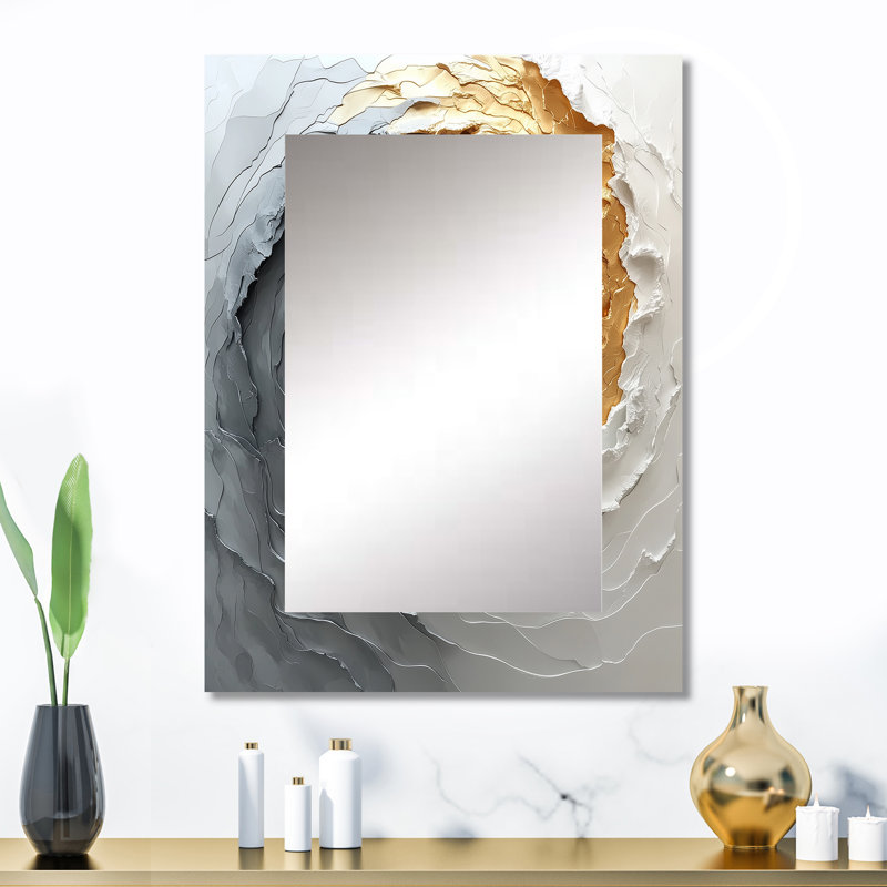 Tornade blanche et dorée abstraite II - miroir décoratif spirales abstraites, miroir mural doré, impression sur métal